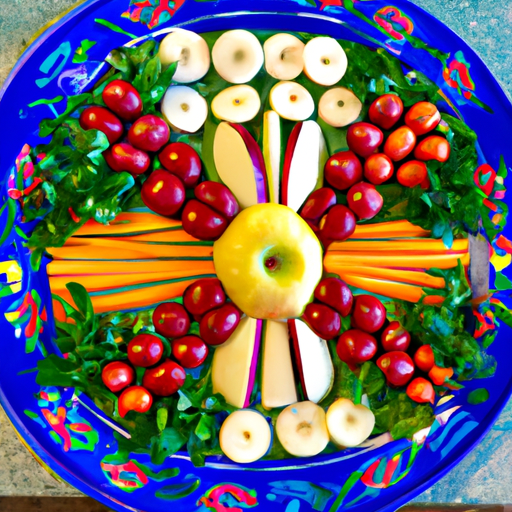 A colorful plate of assorted fruits and vegetables arranged in an artistic design.