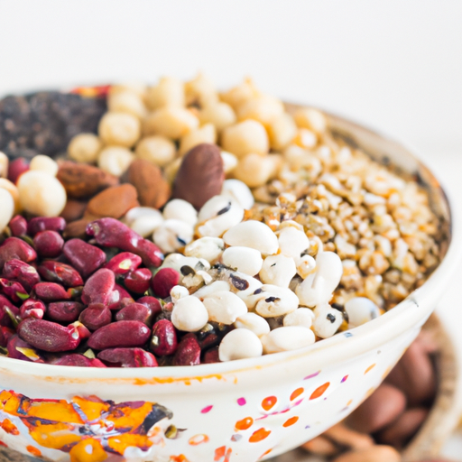 A bowl full of various plant-based proteins, including nuts, legumes, and grains.