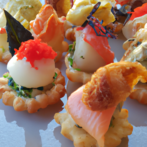 A plate of assorted canapes with a variety of colors and textures.
