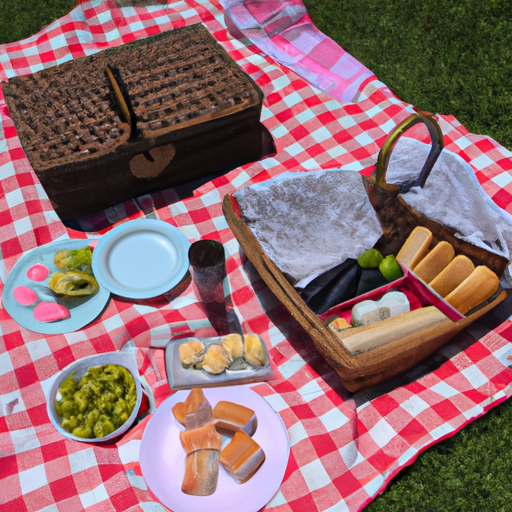 A picnic blanket spread out on a grassy field with a picnic basket and several canapes arranged artfully.