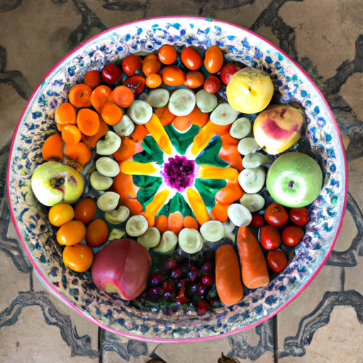 A bowl of colorful fruits and vegetables arranged in a mandala pattern.