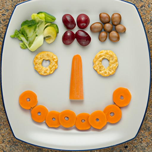 A colorful plate of healthy fast food options, arranged in the shape of a smiley face.