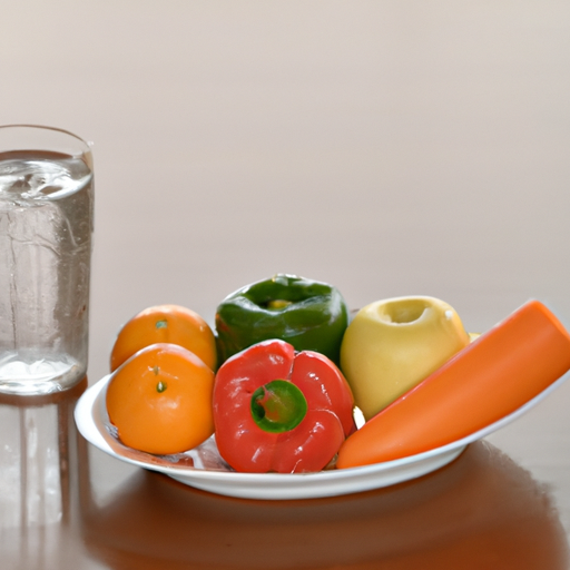 A plate of fresh fruits and vegetables with a glass of water.