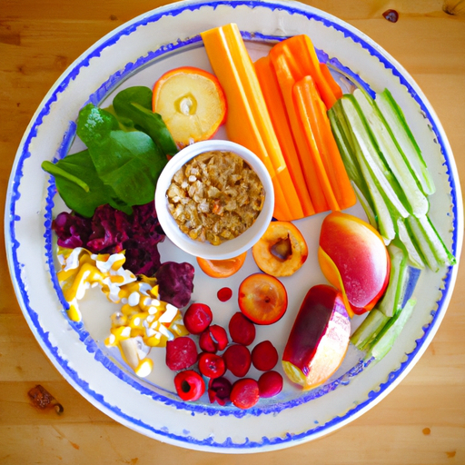 A colorful plate of fresh fruit, vegetables and grains.