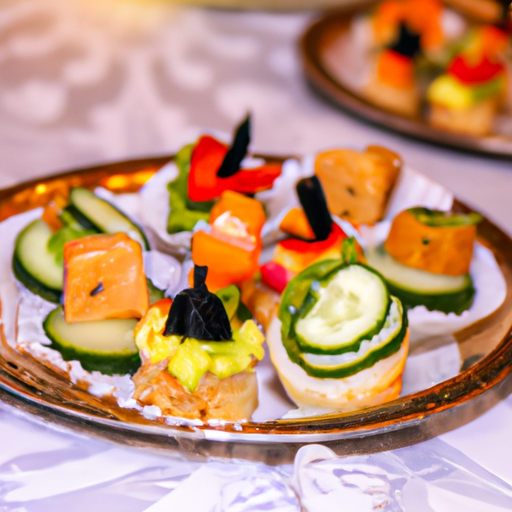 A plate of colorful canapes with a variety of toppings.