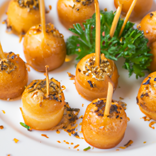 A plate of golden-brown canapes on a white plate with a light sprinkling of herbs and spices.