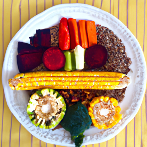 A colorful plate of vegetables, fruits, and grains.