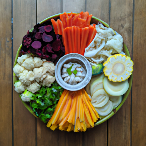 A bowl of fresh vegetables arranged in a rainbow pattern.