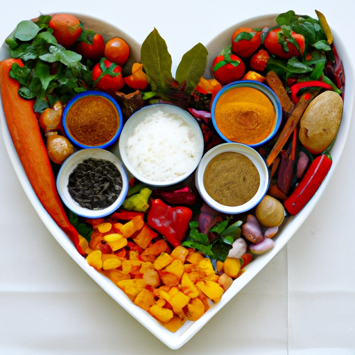 A bowl of colorful vegetables and a few spices arranged in a heart shape.