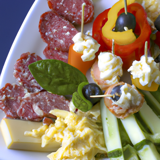 A colorful plate of appetizers with various garnishes.