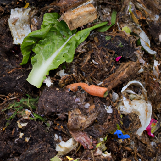 A close-up of a compost pile, with vegetable scraps and soil visible.