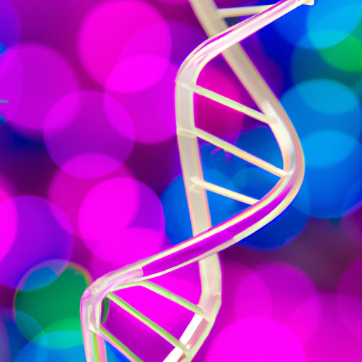 A close-up of a strand of DNA with vibrant colors in the background.