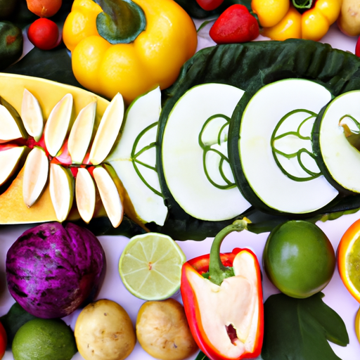 A close-up of a variety of colorful fruits and vegetables arranged in a creative pattern.