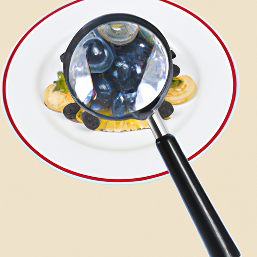 A plate of food with a magnifying glass hovering over it.