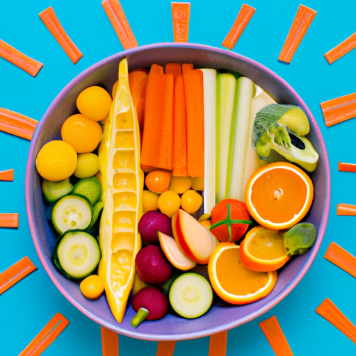 A bowl of fresh fruit and vegetables arranged in a rainbow pattern.