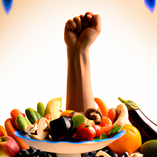 Suggestion: A plate filled with various fruits and vegetables, with a raised fist in the background.
