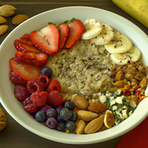 A plate of various healthy fruits and vegetables arranged around a bowl of steaming oatmeal sprinkled with nuts and seeds.