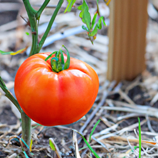 A ripe tomato growing in an organic vegetable garden.