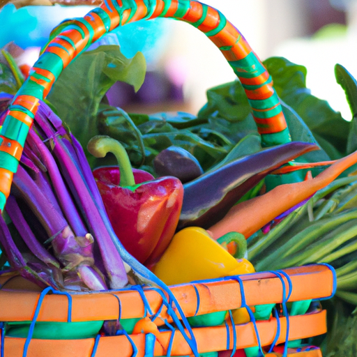 A basket of colorful fresh vegetables in a farmer's market.