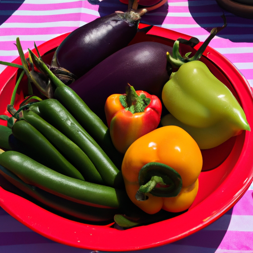 A plate of freshly picked vegetables and fruits in a farmer's market.