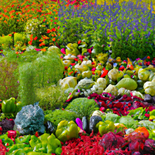 A field of various fruits and vegetables in vibrant colors.
