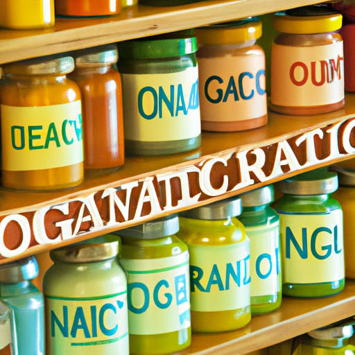 A close-up of a grocery store shelf filled with brightly-colored jars and containers with the words \