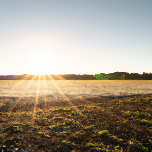 A farm field in the countryside with a sun rising above the horizon.