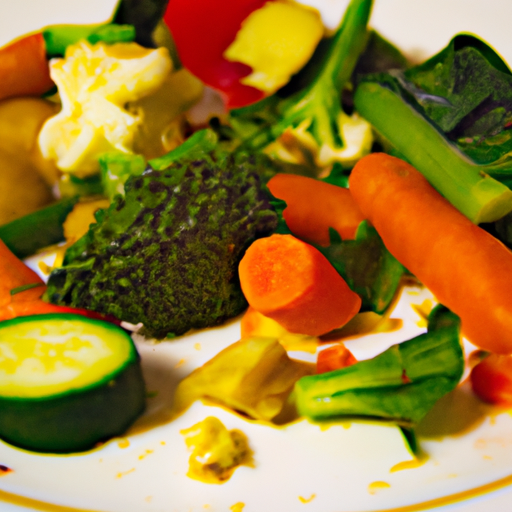 A plate of colorful vegetables with a few pieces of food spilling onto the plate.