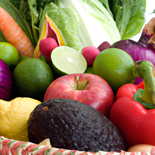 A colorful assortment of fresh fruits and vegetables arranged in a basket.