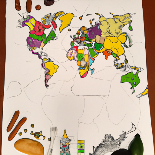 Suggested Prompt: A map of the world with multiple food items scattered around it.