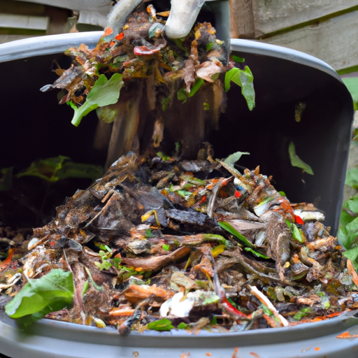 A full composter overflowing with composting material, with a close-up of a handful of compost being poured out.