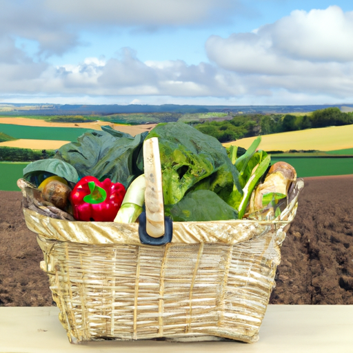 A basket of freshly harvested vegetables surrounded by a farm landscape.