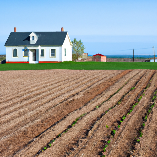 A quaint farmhouse in a rural landscape with rows of freshly planted crops in the foreground.