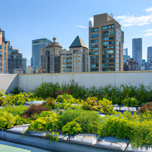 Urban skyline with lush green rooftop gardens.
