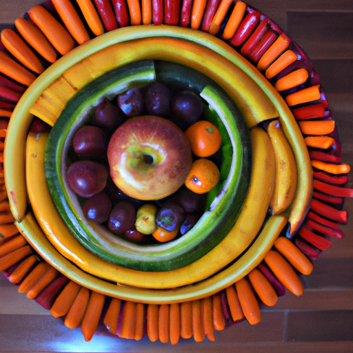 A bowl of colorful fruits and vegetables arranged in a spiral pattern.