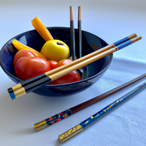 A bowl of colorful fruits and vegetables with a set of chopsticks.