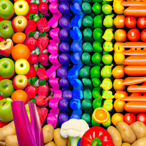 Fruits and vegetables arranged in a rainbow pattern.
