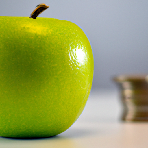 A bright green apple with a stack of coins in the background.