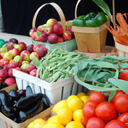 A colorful array of freshly-picked fruits and vegetables in a farmers' market.