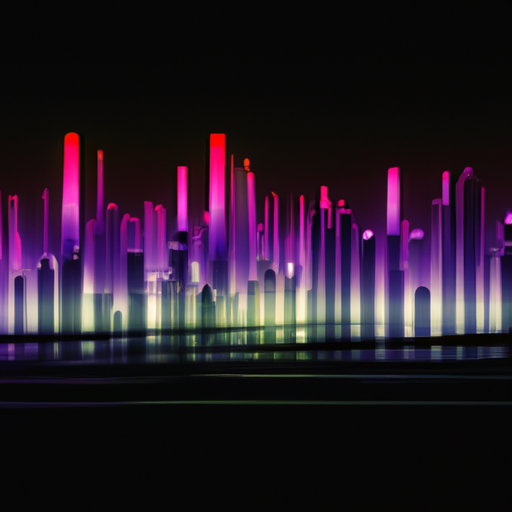 A futuristic city skyline with buildings and structures lit up in various colors.