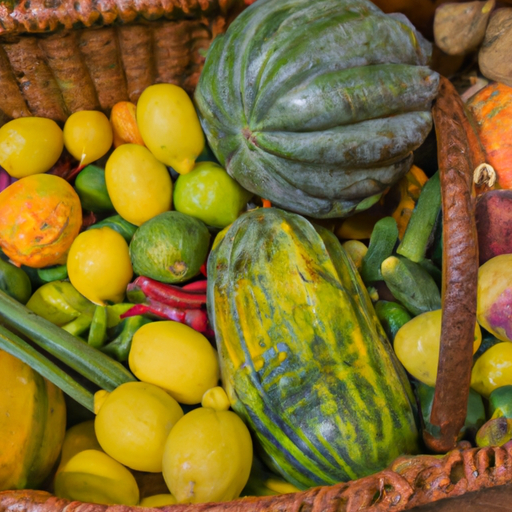A close-up of a fresh, colorful market basket filled with local fruits and vegetables.
