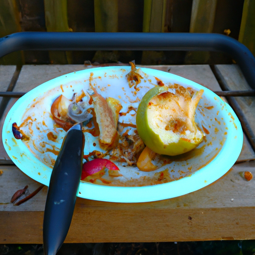 A plate of food with a half-eaten apple and a knife on top, with a background of a compost bin.