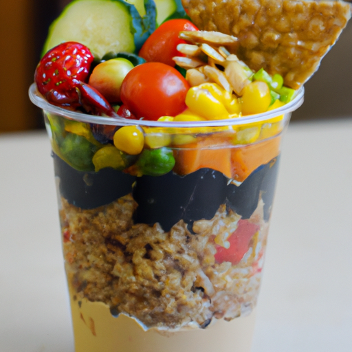 A plate of colorful vegetables, fruits, and whole grains layered in a fast-food cup.