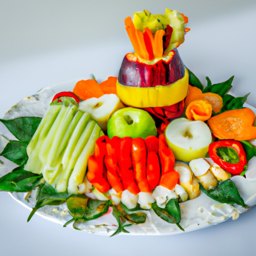 A plate of colorful fruits and vegetables arranged in an appetizing way.