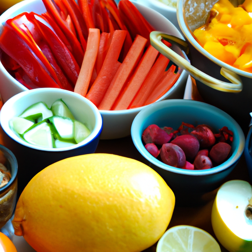 A close-up of a bowl of fresh, colorful vegetables and fruits surrounded by a variety of condiments.