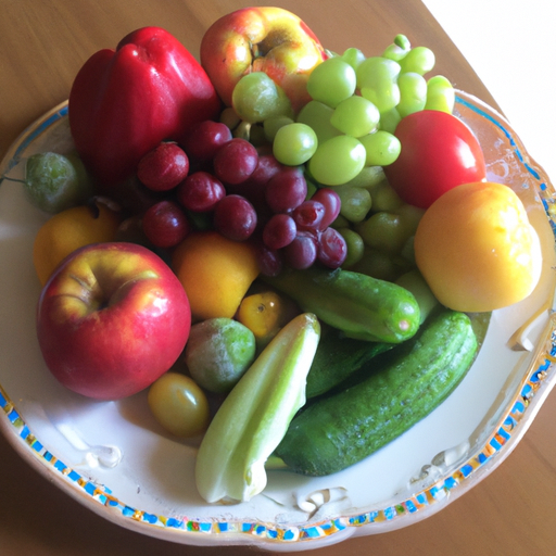 A plate overflowing with fresh, colorful fruits and vegetables.