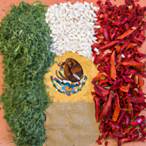 A colorful array of spices, herbs, and vegetables arranged in the shape of a Mexican flag.