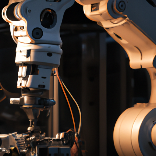 A robot arm assembling a machine in a dimly lit factory.