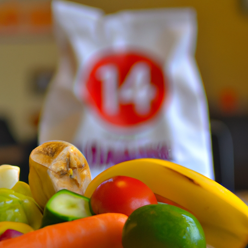 A plate of colorful fruits and vegetables with a fast food bag in the background.