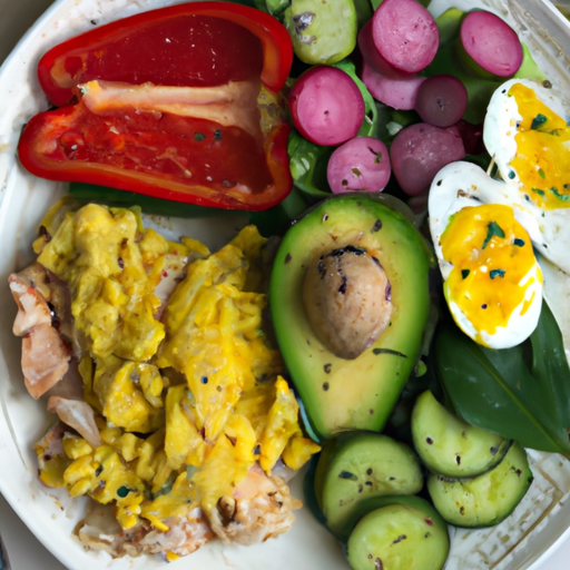 A brightly-colored plate of healthy food with various items like fruits, vegetables, and lean proteins.